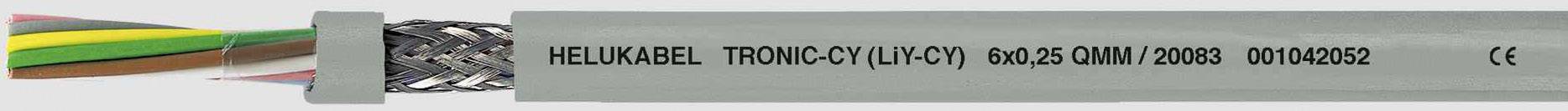 Ein graues Kabel mit Aufschrift 'HELUKABEL TRONIC-CY (LiYCY) 00450 OHM 20086'. Metallisches Geflecht sichtbar bei abisoliertem Ende.