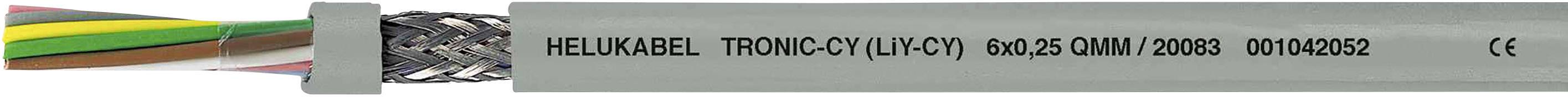 Abbildung eines grau ummantelten elektrischen Kabels mit sichtbaren mehrfarbigen Innenleitern. Aufschrift: 'HELUKABEL TRONIC-CY (LIYCY)...'.