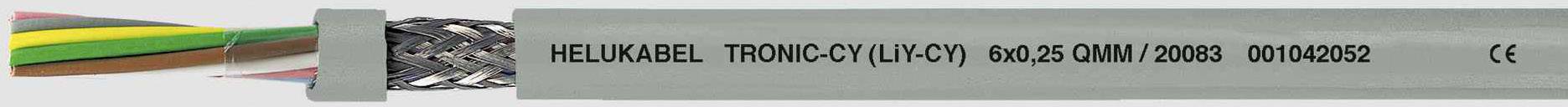 Ein graues Kabel mit mehrfarbigen Litzen, Beschriftung 'Helukabel TRONIC-CY (LiYCY) 90°C 300/300V 20008 D01042082 CE'.