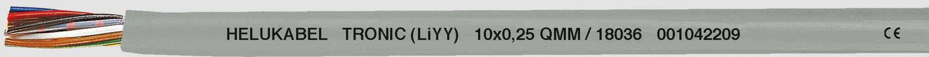 Beschriftung eines grauen Kabels: 'HELUKABEL TRONIC LIYY, 10x0,25 QUMM, 10506, 00108205'. Links bunte Adern sichtbar.