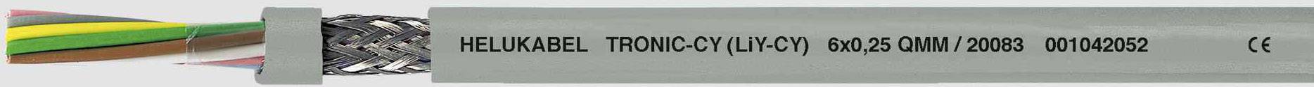 Industriekabel mit grauer Isolierung, gekennzeichnet mit 'HELU KABEL TRONIC-CY (LiYCY)'. Links mehrfarbige Kabeladern sichtbar.