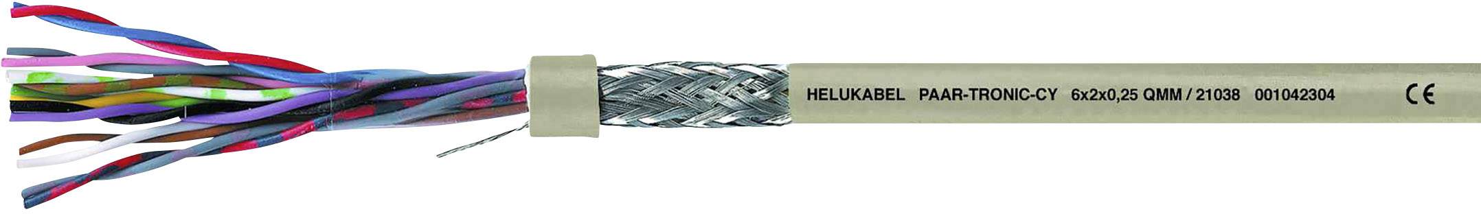 Ein geschirmtes, mehradriges Kabel mit unterschiedlich farbigen Drähten und der Beschriftung 'HELUKABEL PAAR-TRONIC-CY'.