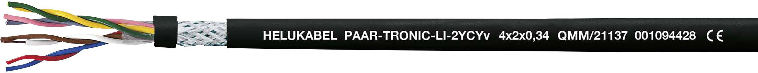 Kabel mit beschrifteter schwarzen Ummantelung und farbigen Adern, Aufschrift: 'HELUKABEL PAAR-TRONIC-LAYCYBK-Kx2x0,5...'.