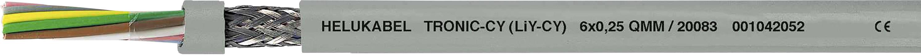 Graues, flexibles Kabel mit Aufschrift 'HELUKABEL TRONIC-CY (Li-PVC) 004.05 D-VIMF/20206 00104202'. Bunte Innerleiter sichtbar.
