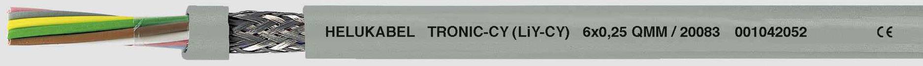 Kabel mit der Aufschrift 'Helukabel TRONIC-CY (LiYCY) 00425 04M ET2008 ID0400282 CE', mit Farbkodierung innerhalb des Kabelmantels.