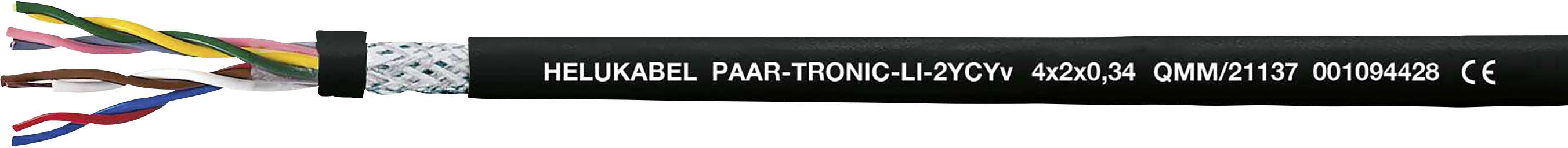 Schwarzes Kabel mit farbigen Adernpaaren. Text auf dem Kabel: 'HELUKABEL PAAR-TRONIC-CY'(oc). Verwendung in elektronischen Anwendungen.