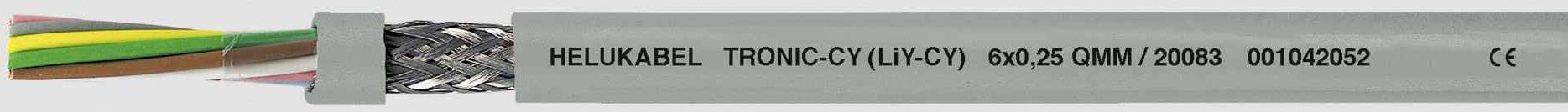 Kabelansicht mit der Aufschrift 'Helukabel TRONIC-CY (Li-2YCY) 80°C 0,6/1 kV DIN VDE 0281', zeigt technischen Spezifikationen.