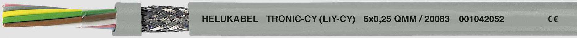 Ein graues Kabel mit der Aufschrift 'HELU KABEL TRONIC-CY (Li-PVC) 00435' und CE-Kennzeichnung. Mehradrig, teils in Farbe erkennbar.
