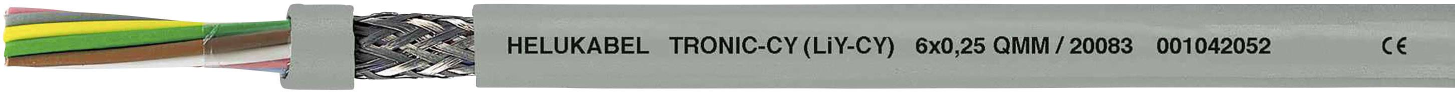 Ein graues Kabel mit einer Aufschrift: 'HELUKABEL TRONIC-CY (LiYCY) 600/05 CBM/0898 100/03/02 CE'. Kabelmantel zeigt farbige Drähte.