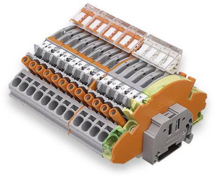 Elektrischer Steckverbinder mit mehreren Kabelanschlüssen, Orange und Grau. Für industrielle elektrische Verdrahtung.