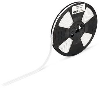 Eine Rolle mit elektronischen Bauteilen, auf einem Band zum maschinellen Bestücken. Ein Etikett mit Herstellerangaben ist sichtbar.