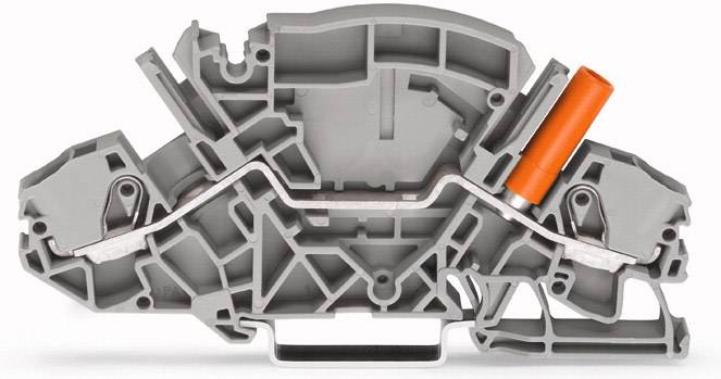 Graue elektrische Reihenklemme mit orangefarbenem Hebel, zeigt den internen mechanischen Aufbau und die Verbindungspunkte.