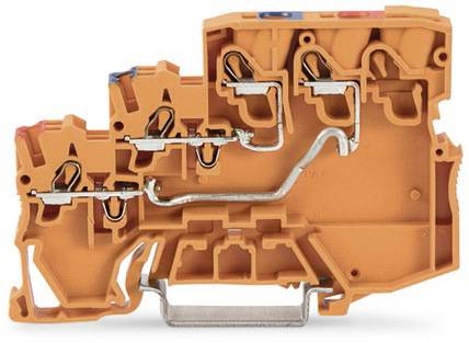 Ein orangefarbener elektrischer Anschlussblock mit mehreren Steckverbindungen und Metalleinsätzen, verwendet zur Kabelverbindung.