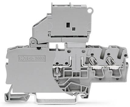 Ein grauer Elektronik-Bauteil, vermutlich ein Reihenklemmen-Modul, mit der Aufschrift 'WAGO 2002', zeigt die interne Struktur.