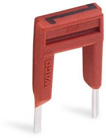 Roter WAGO-Steckbrückenhalter mit der Aufschrift '25A', mit zwei Metallstiften zum Einsetzen in elektrische Anschlüsse.