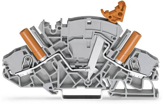 Grau-oranger elektrischer Klemmenblock mit Hebelmechanismus; zeigt interne Struktur zur Drahtverbindung in elektrischen Schaltungen.