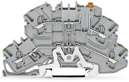 Grau-orange Klemmenblock-Diagramm, zeigt die interne Struktur und Verbindungspunkte für elektrische Leitungen in einem Schaltschrank.