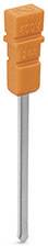 Ein orangefarbener Flachstecksicherungshalter mit den Aufschriften '600V' und '25A' in Weiß für elektrische Anwendungen.