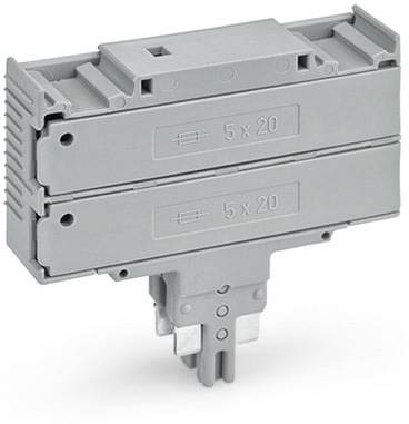 Graue elektrische Sicherungshalter mit der Aufschrift '5 x 20'. Zwei übereinander angeordnete Module, zur Montage auf einer Schiene geeignet.