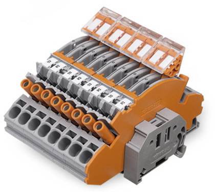 Elektrischer Steckverbinder mit orangen und grauen Komponenten; dient zum sicheren Verbinden von Drähten in einem Schaltkreis.