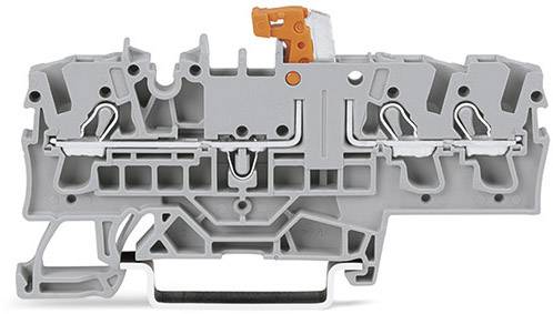 Graues Reihenklemme mit oranger Hebel, technische Bauteil, verwendet für elektrische Verkabelung in Schaltanlagen.
