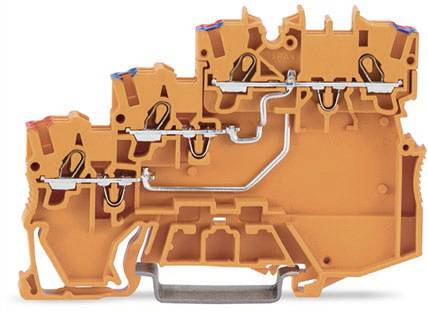 Orangener modularer Reihenklemmenblock mit Metallverbindungen und farbcodierten Elementen zeigt Innenmechanismus und Anschlüsse.