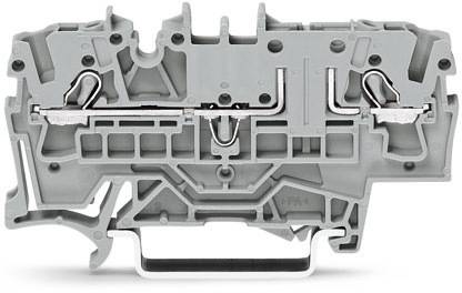 Graues elektrisches Reihenklemmteil mit Metallkontakten und Anschlussklemmen. Perspektive zeigt Innenstruktur und Details der Bauweise.