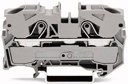 Grauer, zweiteiliger elektrischer Klemmblock, der für den Anschluss von Drähten oder Kabeln verwendet wird.