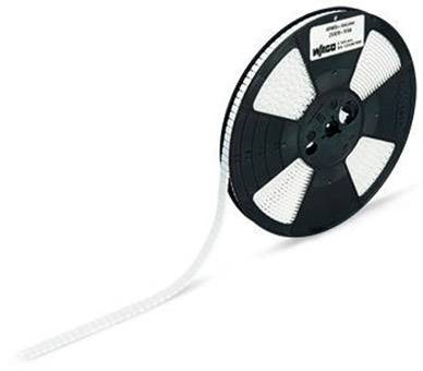 Eine schwarze Rolle mit kleinen, weißen Objekten, die auf einem Band aufgewickelt sind. Sie könnten elektronische Bauteile enthalten.