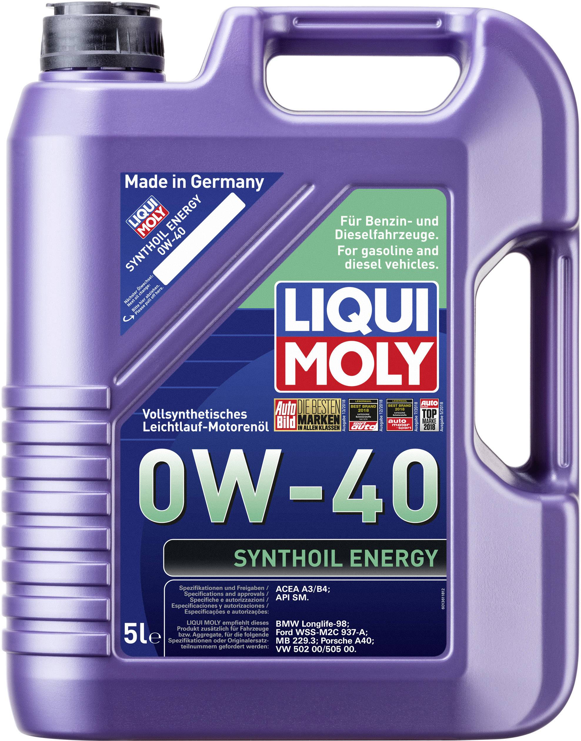 Kunststoffkanister mit 5 Litern LIQUI MOLY 0W-40 Synthoil Energy. Geeignet für Benzin- und Diesel-Fahrzeuge. Made in Germany.