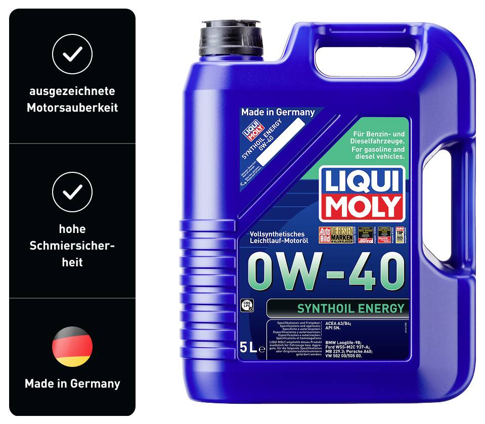 Blauer 5-Liter-Kanister Motoröl von LIQUI MOLY, geeignet für Benzin- und Dieselmotoren. Aufkleber links: 'ausgezeichnete Motorsauberkeit', 'hohe Schmiersicherheit', 'Made in Germany'.