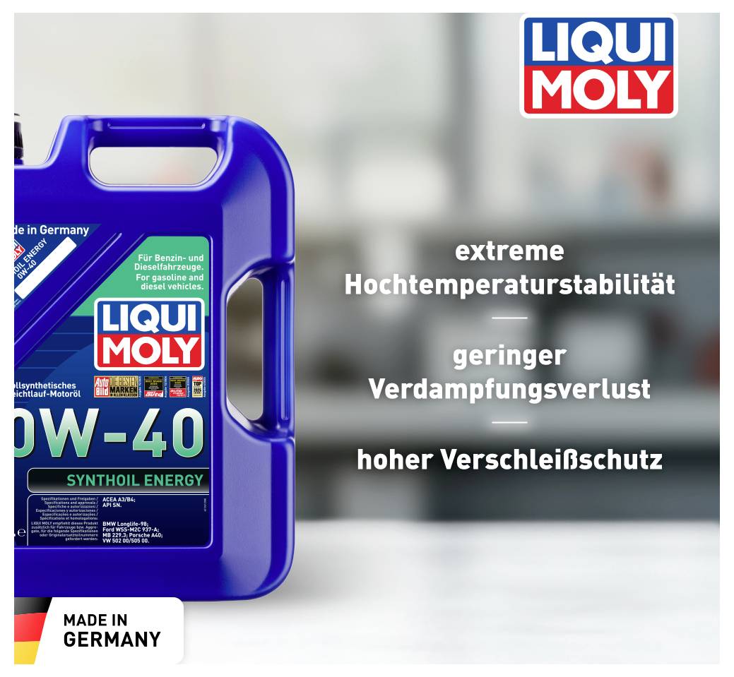 Ein blauer Kanister Motoröl 'LIQUI MOLY 0W-40 Syntoil Energy' mit Text: 'extreme Hochtemperaturstabilität', 'geringer Verdampfungsverlust', 'hoher Verschleißschutz'.