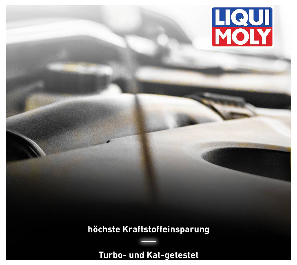 Eine Nahaufnahme eines Autoteils mit dem Logo von LIQUI MOLY oben rechts. Der Text unten beschreibt 'höchste Kraftstoffeinsparung' und 'Turbo- und Kat-getestet'.