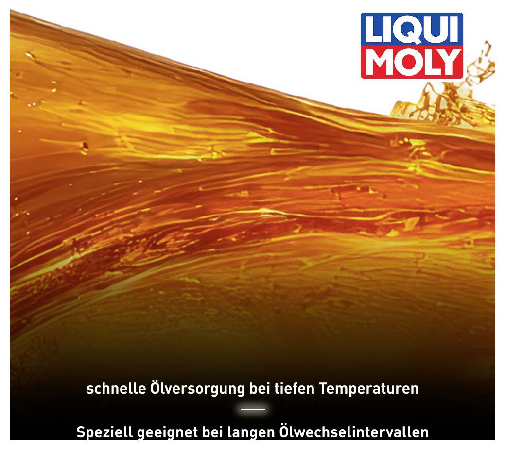 Eine orange Flüssigkeit schwappt mit dem 'Liqui Moly'-Logo oben rechts. Text unten: 'schnelle Ölversorgung bei tiefen Temperaturen. Speziell geeignet bei langen Ölwechselintervallen'.
