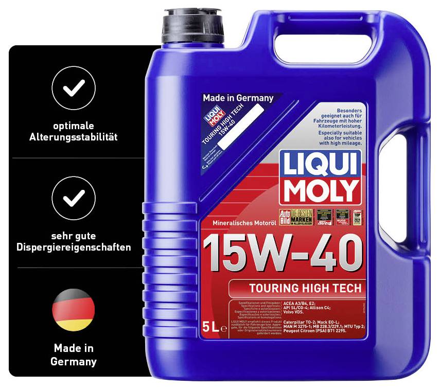 Der Kanister enthält 5 Liter Liqui Moly 15W-40 Motoröl. Text auf schwarzem Etikett: 'optimale Alterungsstabilität', 'sehr gute Dispersierungseigenschaften', 'Made in Germany'.
