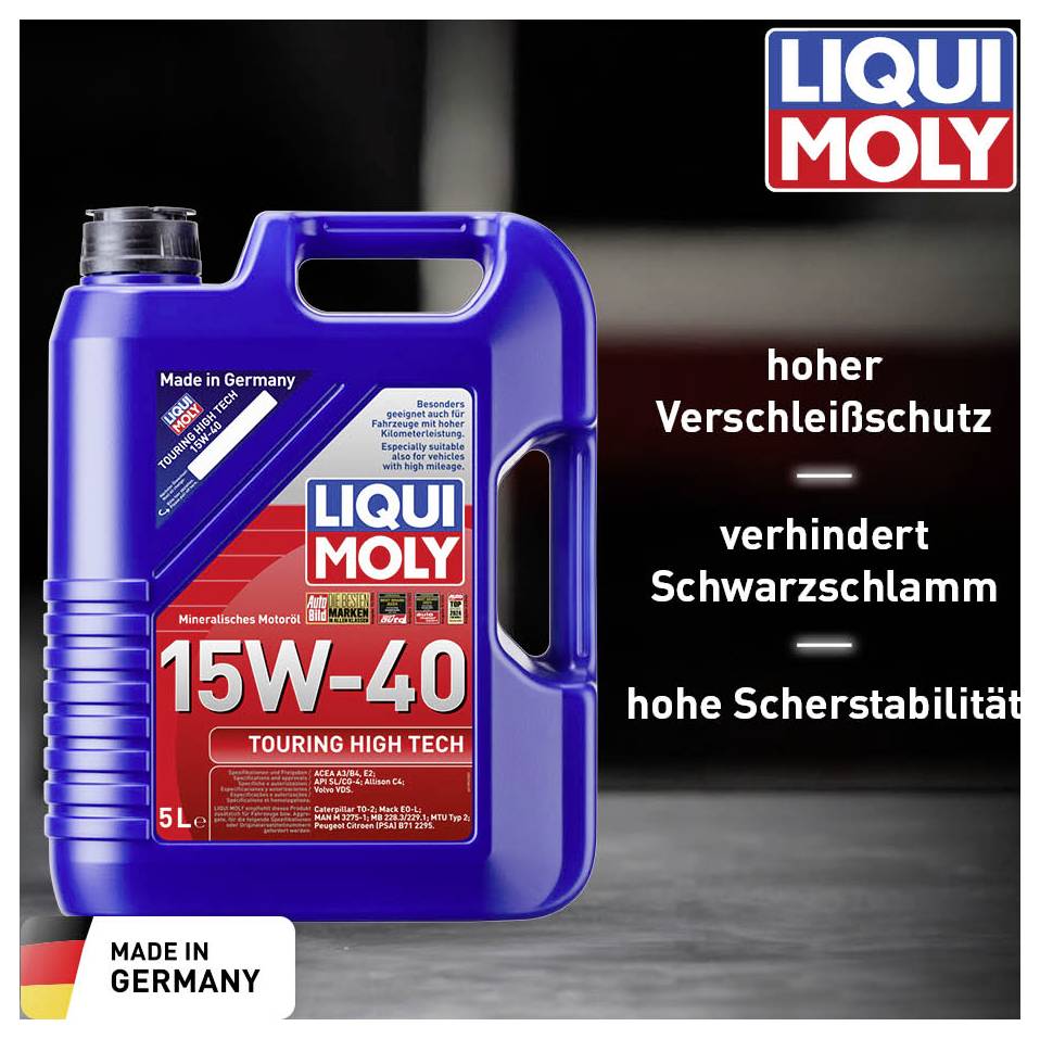 Ein 5-Liter-Kanister LIQUI MOLY 15W-40, angezeigt mit Texten 'hoher Verschleißschutz', 'verhindert Schwarzschlamm', 'hohe Scherstabilität'. Made in Germany.