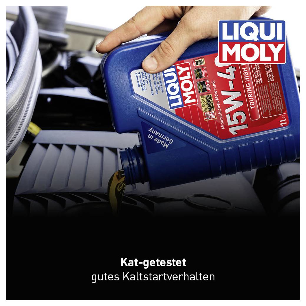 Hand gießt Liqui Moly 15W-40 Öl in Motor. Text: 'Kat-getestet, gutes Kaltstartverhalten'.