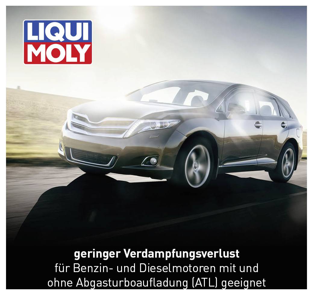 Auto auf Straße. Text: 'geringer Verdampfungsverlust für Benzin- und Dieselmotoren mit und ohne Abgasturboaufladung (ATL) geeignet'.