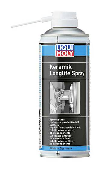Eine Dose Liqui Moly Keramik Longlife Spray mit Sprühdüse; konzipiert als hochleistungs-synthetisches Schmiermittel. Hergestellt in Deutschland.