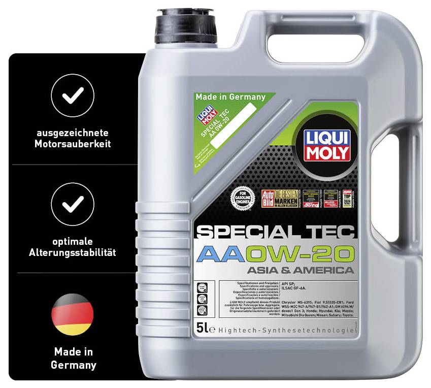 Kanister für Motoröl von Liqui Moly, 5 Liter, Typ Special Tec AA 0W-20, beworben für Motorreinigung und Altersstabilität, hergestellt in Deutschland.