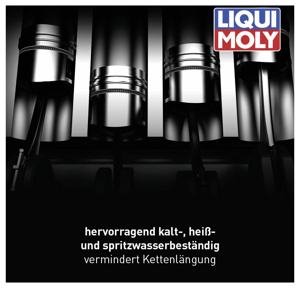 'LIQUI MOLY'-Logo oben rechts. Darunter Bild von maschinellen Teilen. Text: 'hervorragend kalt-, heiß- und spritzwasserbeständig, vermindert Kettenlängung'.