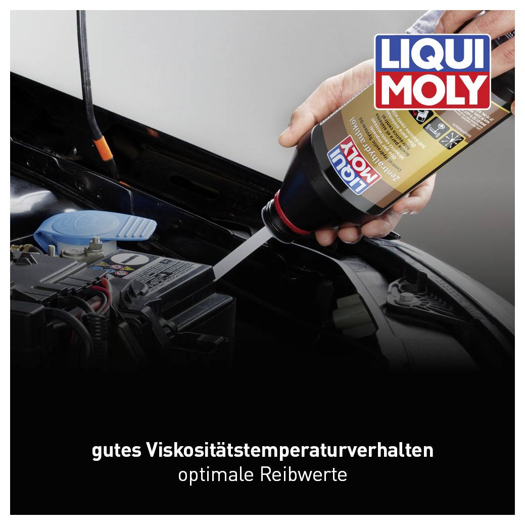 Eine Hand füllt mit 'Liqui Moly'-Öl ein Auto nach. Text: 'gutes Viskositätstemperaturverhalten - optimale Reibwerte'.