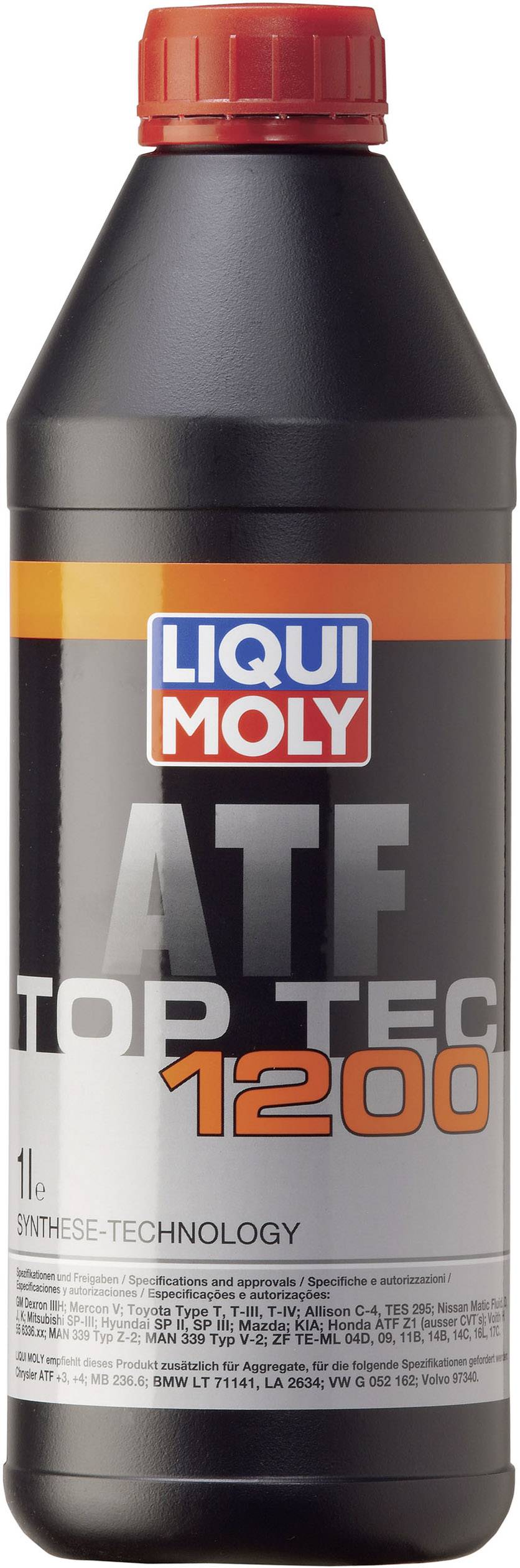 Eine schwarze Flasche 'Liqui Moly ATF Top Tec 1200', 1 Liter, mit rotem Verschluss, geeignet für Automatikgetriebe.
