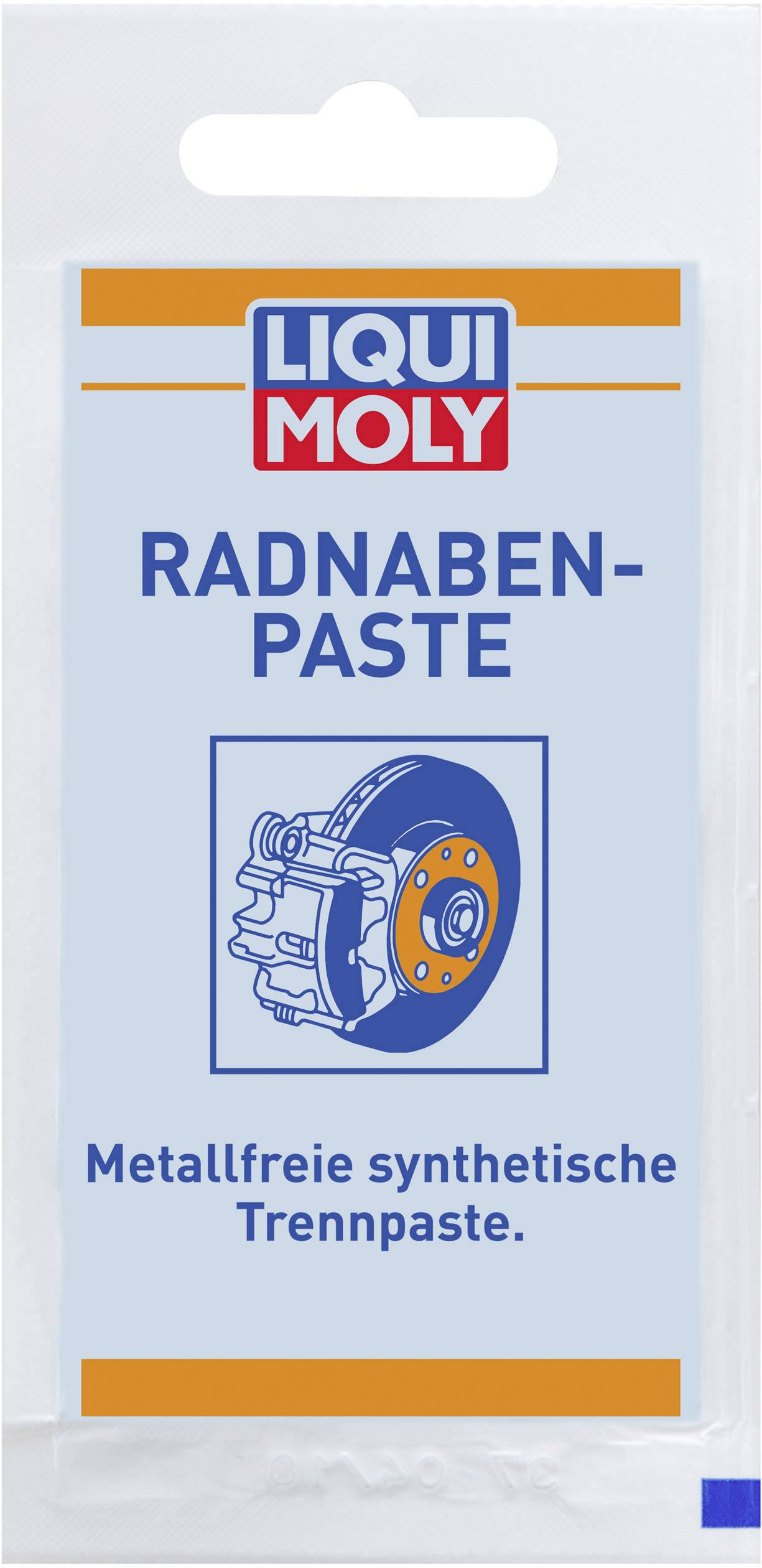 Verpackung von Liqui Moly Radnaben-Paste, 'Metallfreie synthetische Trennpaste' steht darauf, mit Bild eines Autoteils.