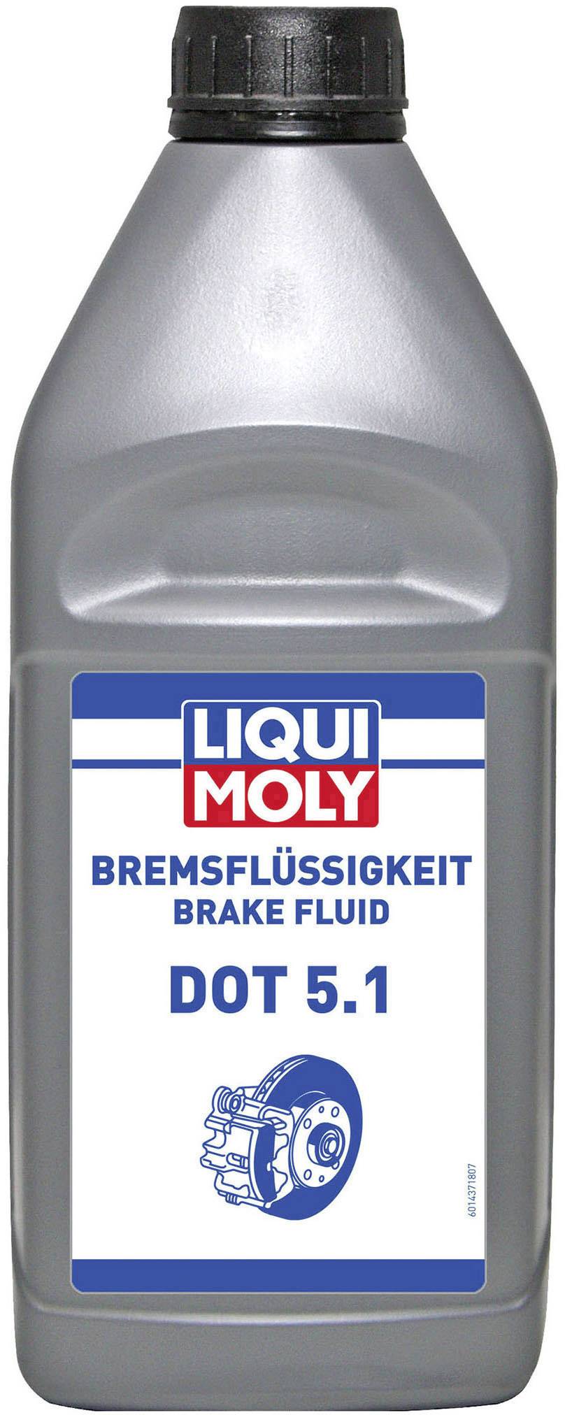 Flasche mit Bremsflüssigkeit der Marke Liqui Moly, spezifisch DOT 5.1, aus Kunststoff mit Etikett in Weiß und Blau.