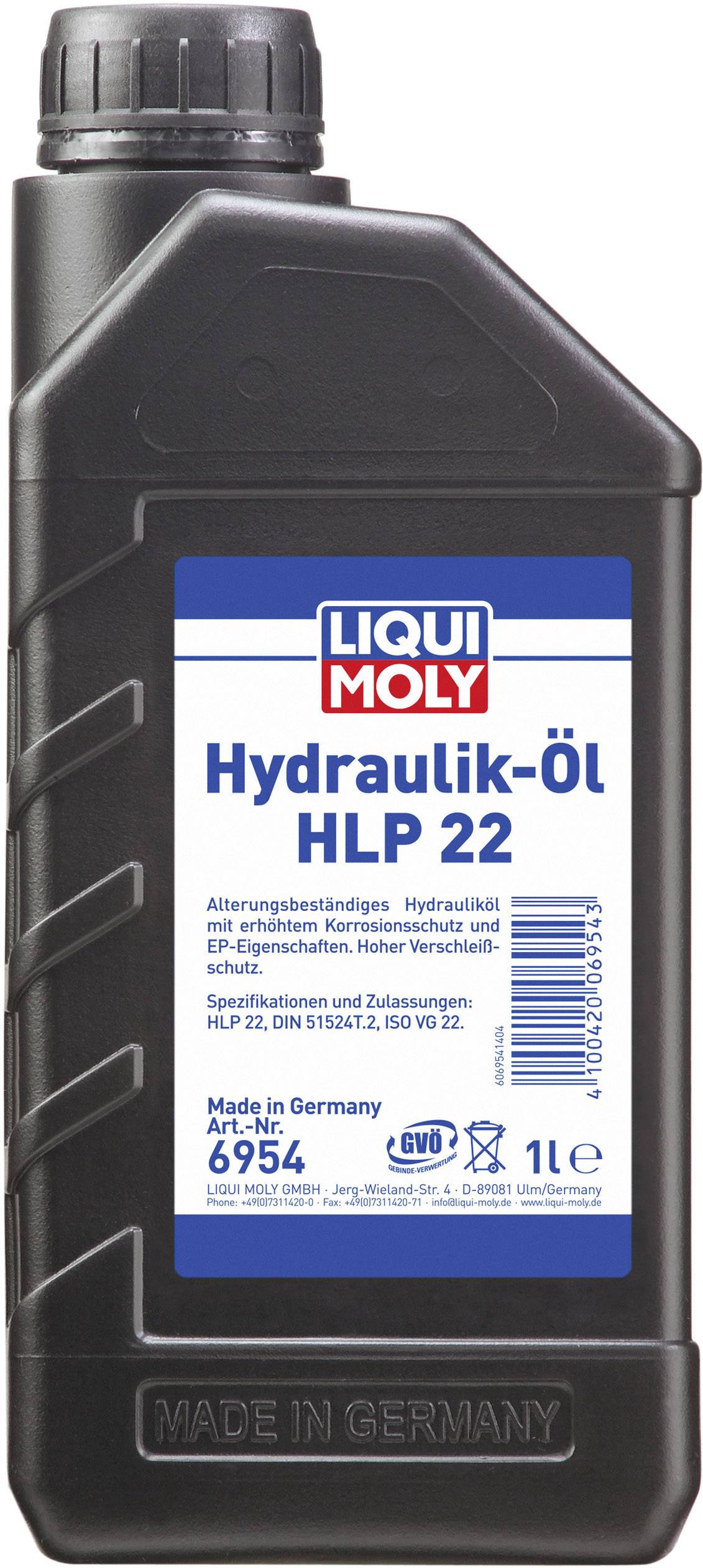 Flasche mit Hydraulik-Öl HLP 22 von Liqui Moly, 1 Liter. Aufschrift: Alterungsbeständig, hohe Verschleißschutz-Eigenschaften.