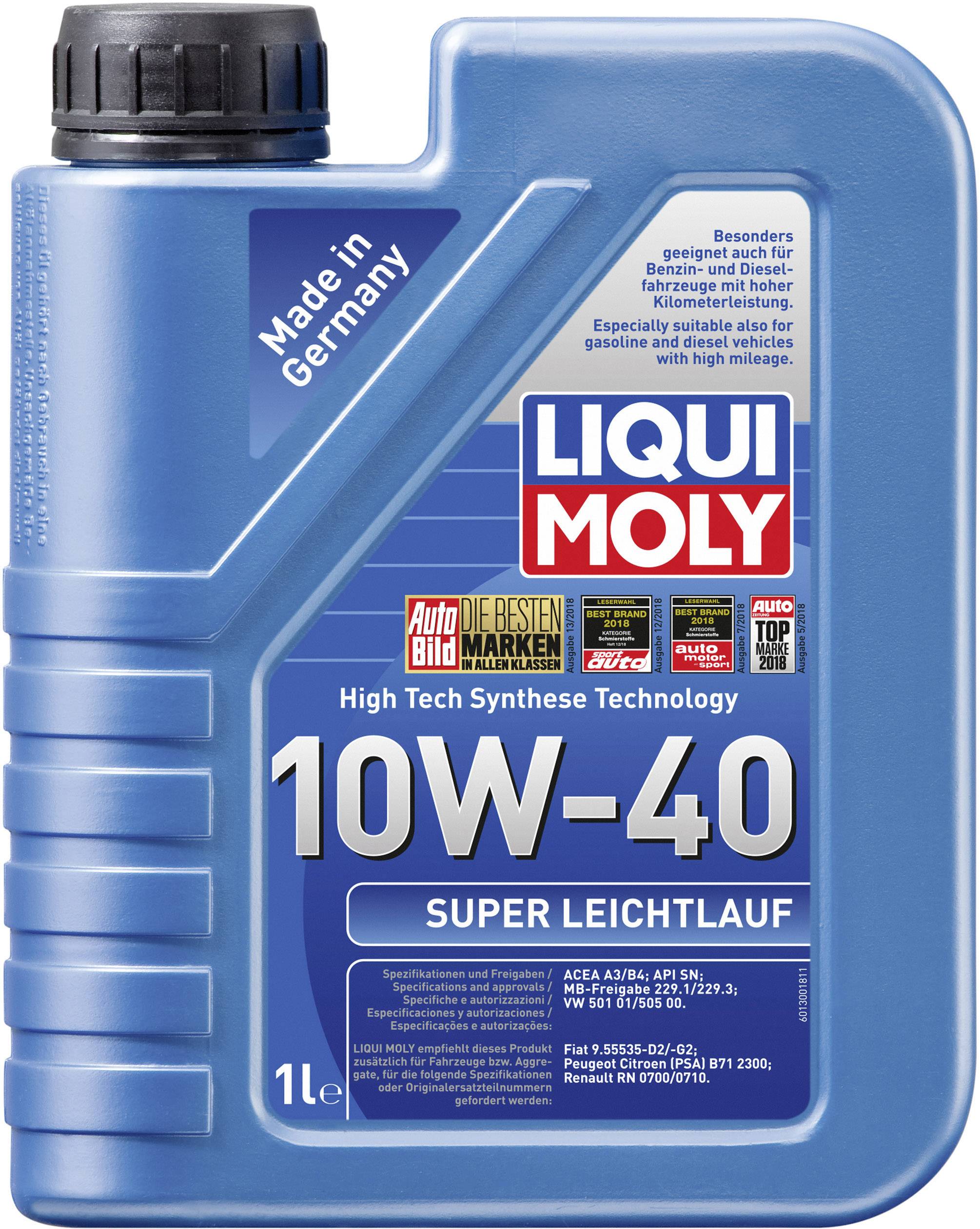 Eine blaue 1-Liter-Flasche 'LIQUI MOLY 10W-40 Super Leichtlauf' Öl mit 'Made in Germany', geeignet für Autos, hochwertige Schmiertechnologie.