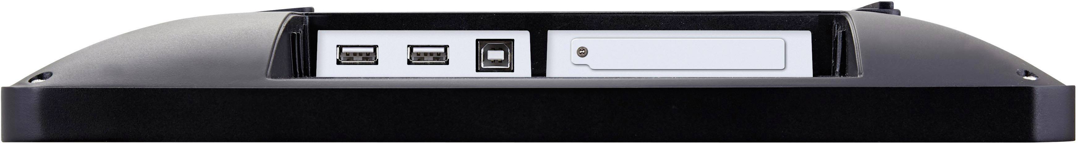 Rückseite eines Gerätes mit zwei USB-Anschlüssen, einem rechteckigen Anschluss und einem SD-Karteneinschub, Ansicht von oben.