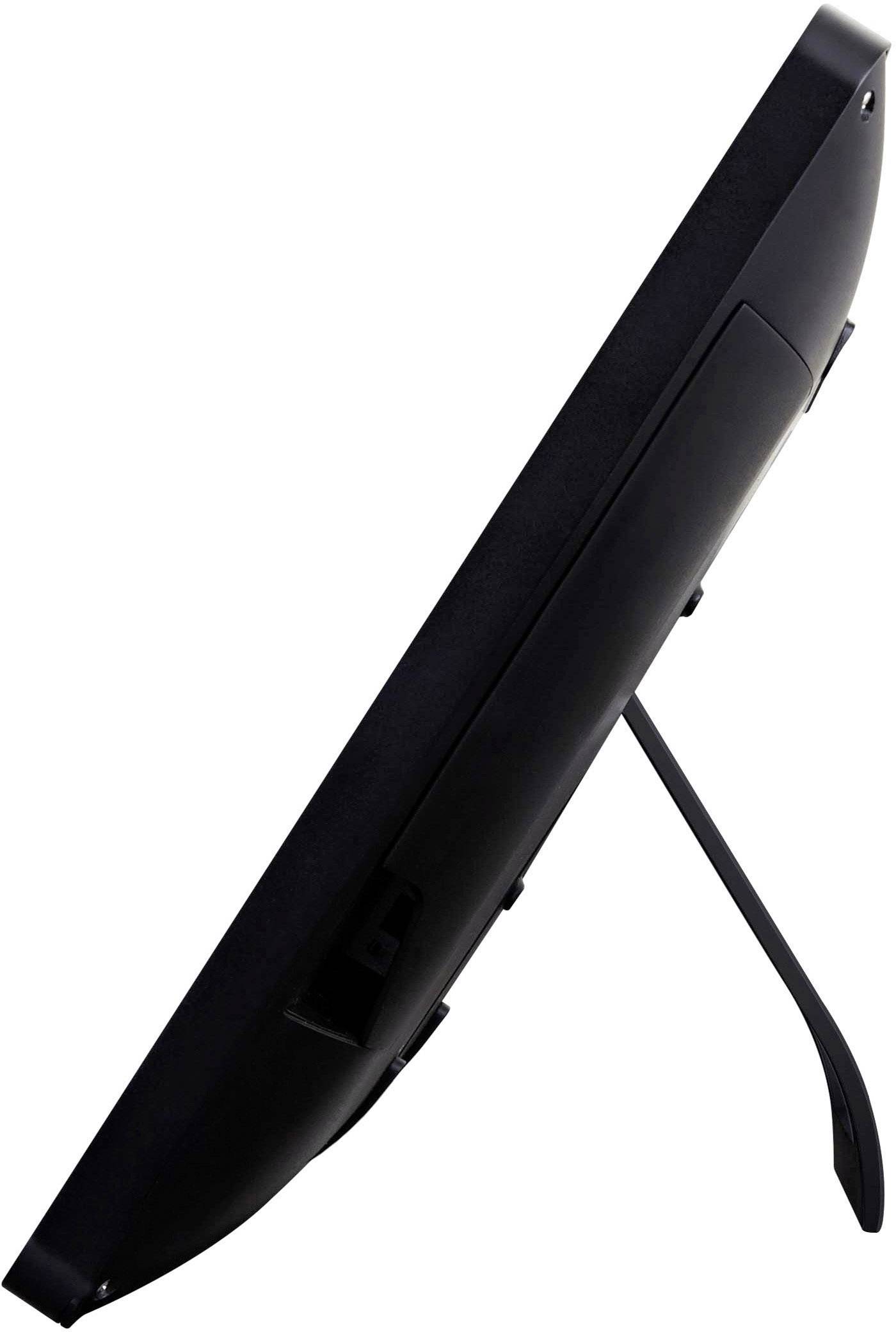 Einseitansicht eines schwarzen, digitalen Bilderrahmens mit Ständer, der senkrecht steht.