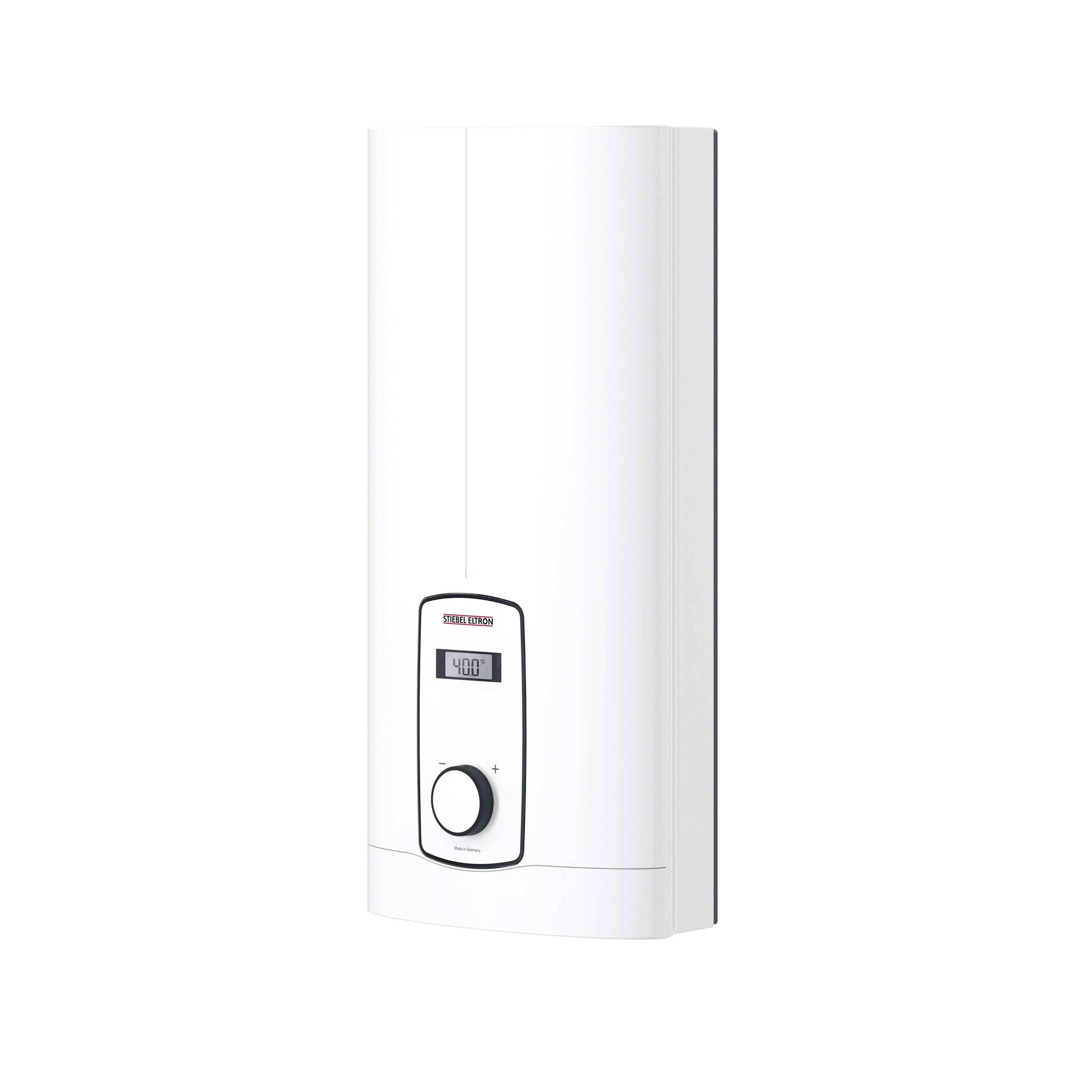 Ein weißer elektronischer Durchlauferhitzer mit digitalem Display und Temperaturregelungsknopf, geeignet für die Wandmontage.